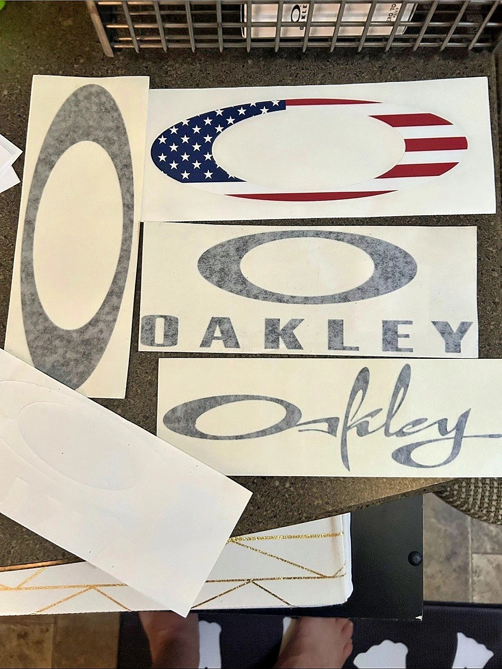 Oakley stickers. USA flag, Traditional O, Vintage Oakley, cursive sticker, and e